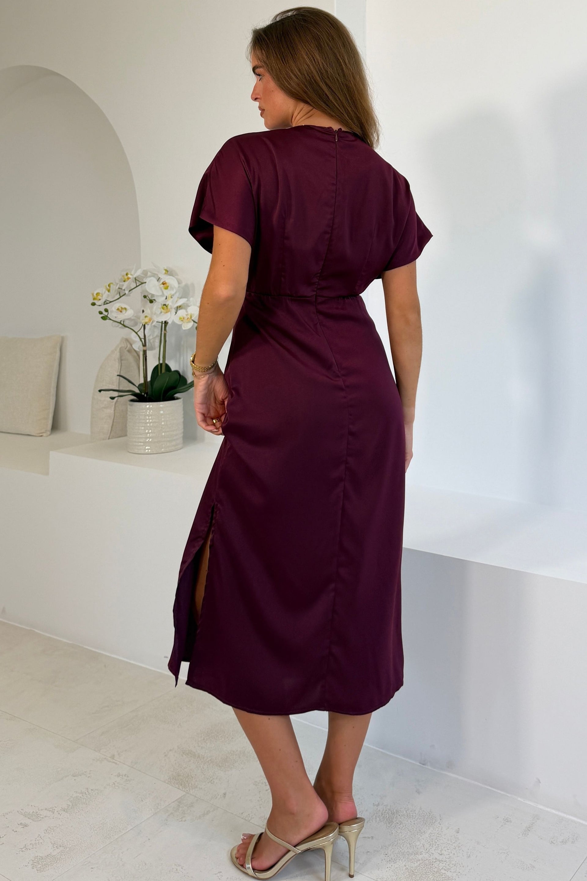 Marlia Satin Lace Midi Dress Wine