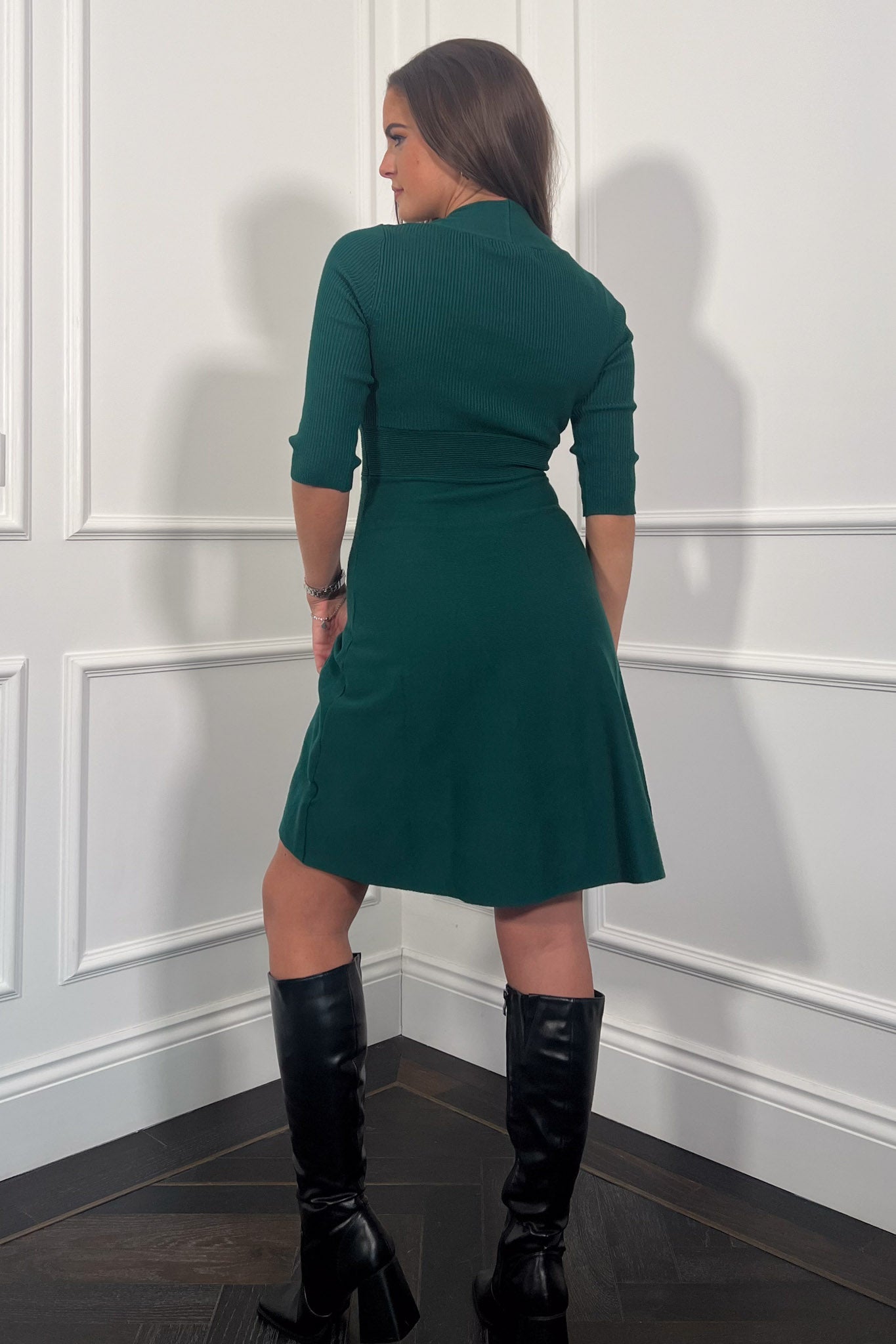 Celina Sweetheart Detail Emerald Long Sleeve Knitted Skater Dress