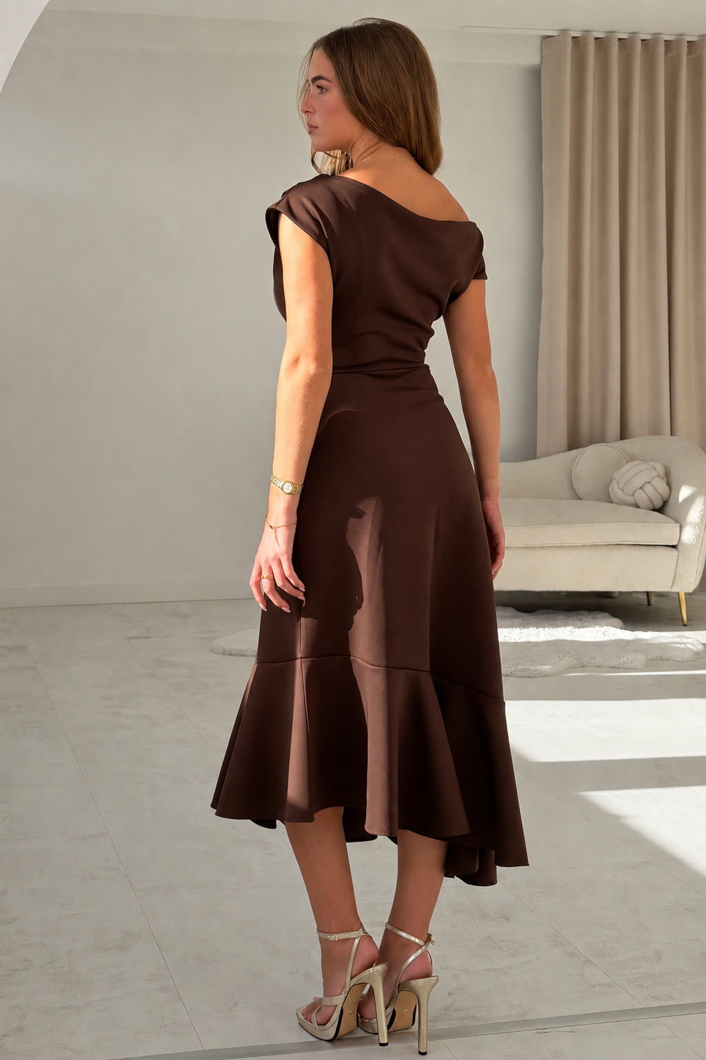 Felicity Asymmetric Frill Midi Dress Brown