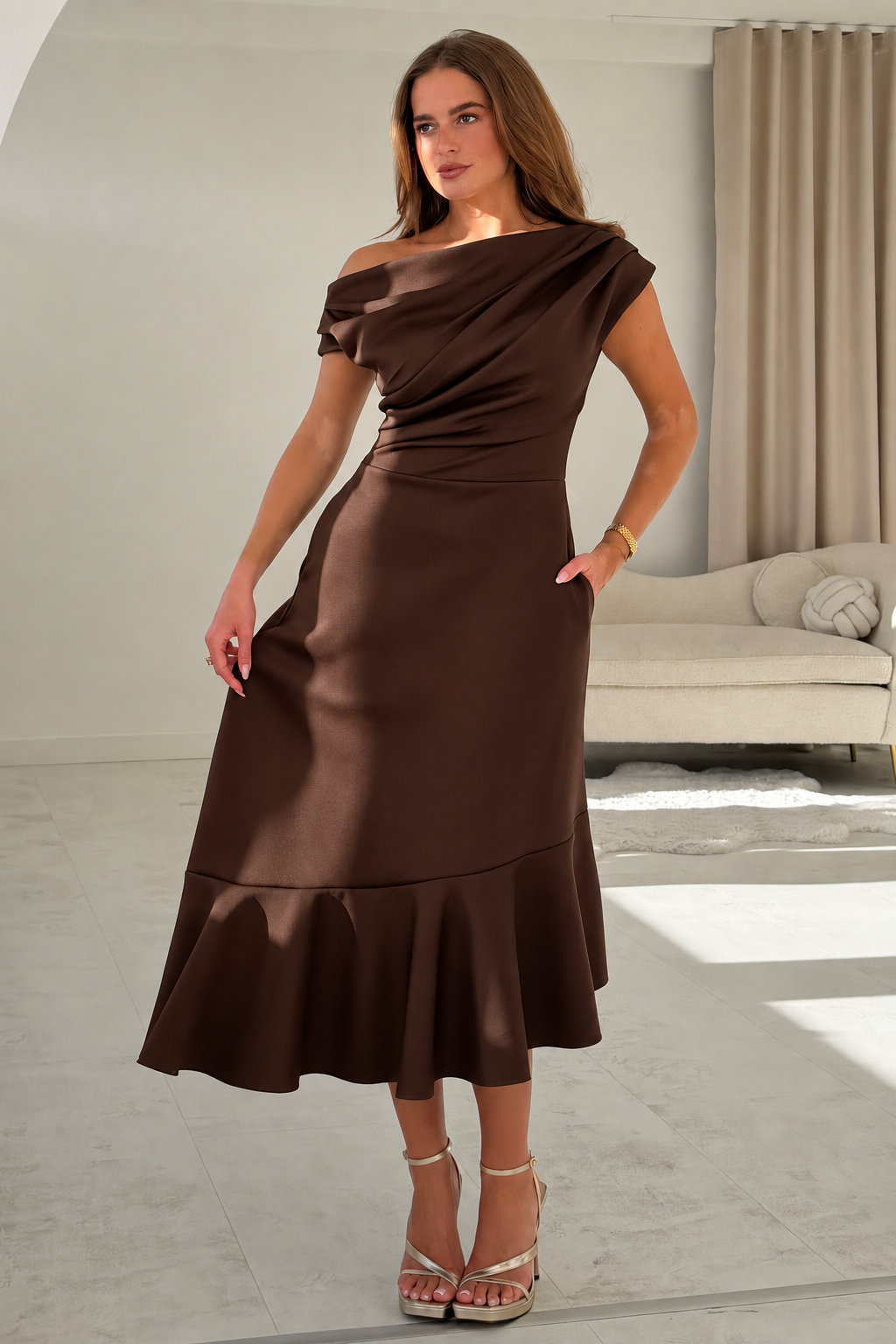 Felicity Asymmetric Frill Midi Dress Brown