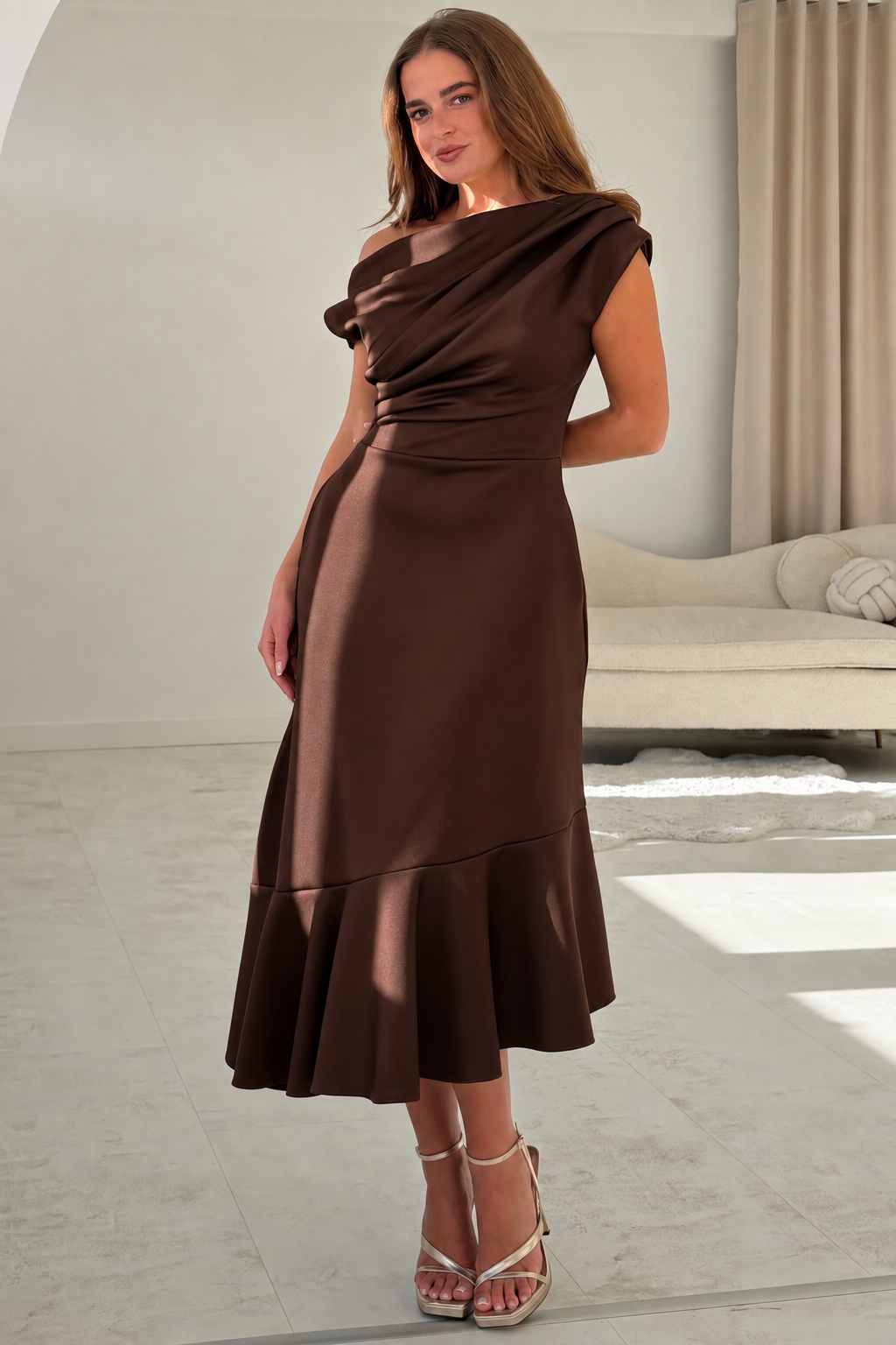 Felicity Asymmetric Frill Midi Dress Brown