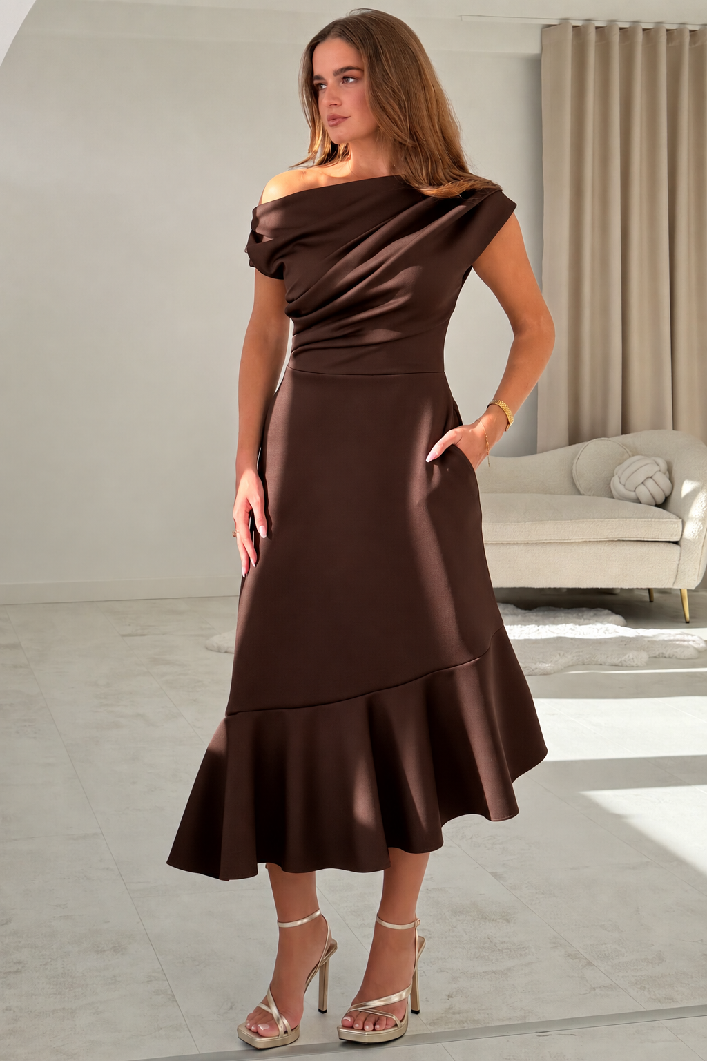 Felicity Asymmetric Frill Midi Dress Brown