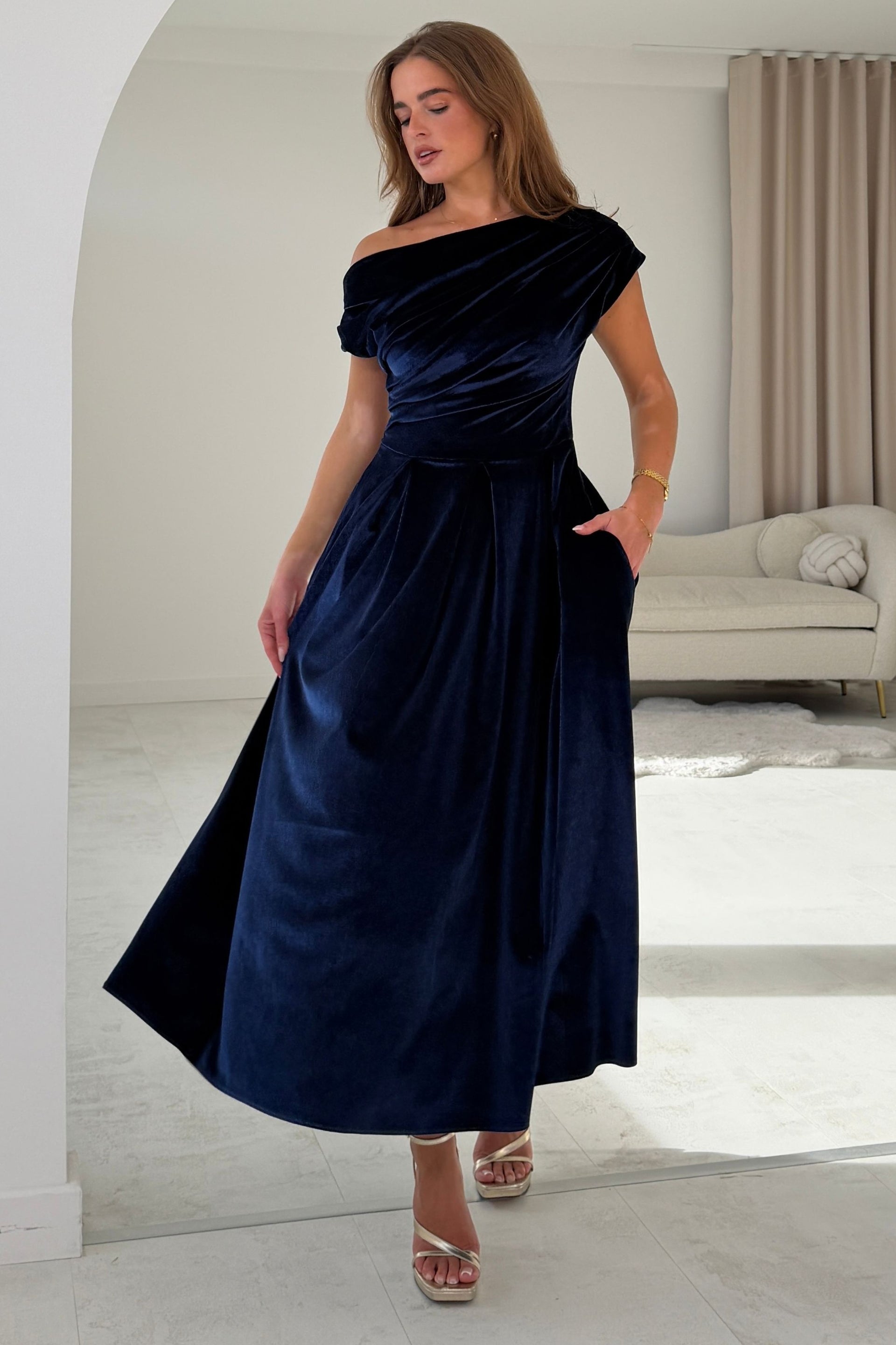 Betty Asymmetric Neckline Skater Midi Indigo Velvet