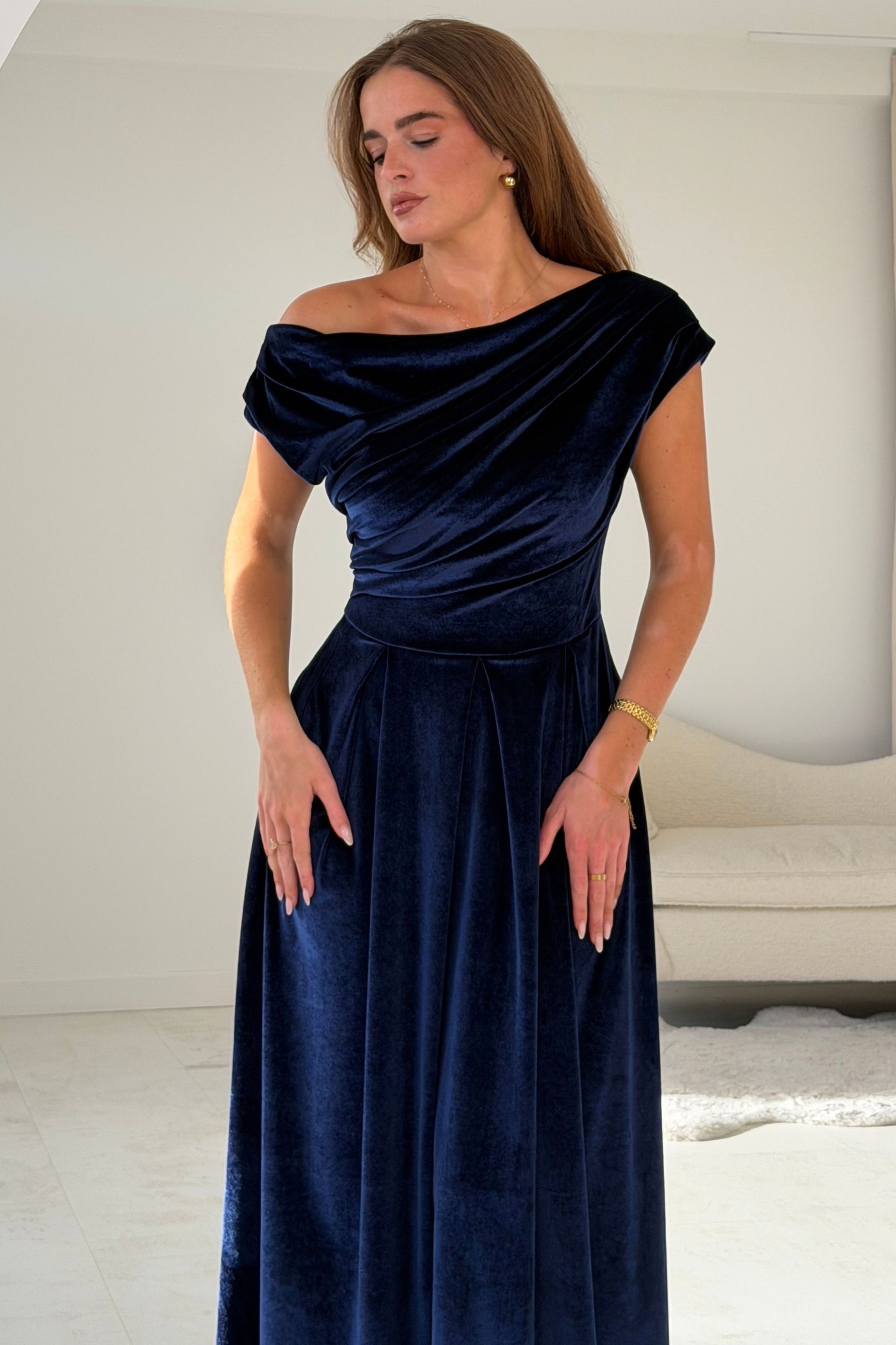 Betty Asymmetric Neckline Skater Midi Indigo Velvet