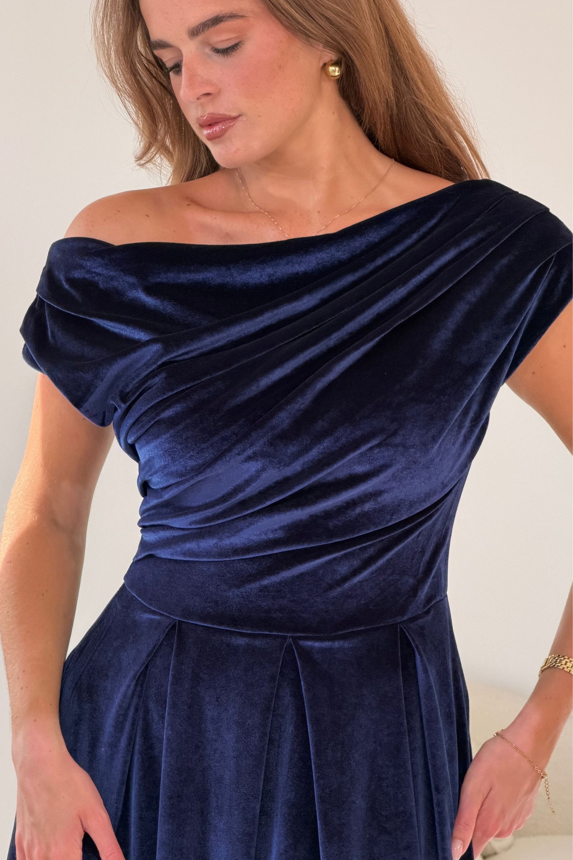 Betty Asymmetric Neckline Skater Midi Indigo Velvet