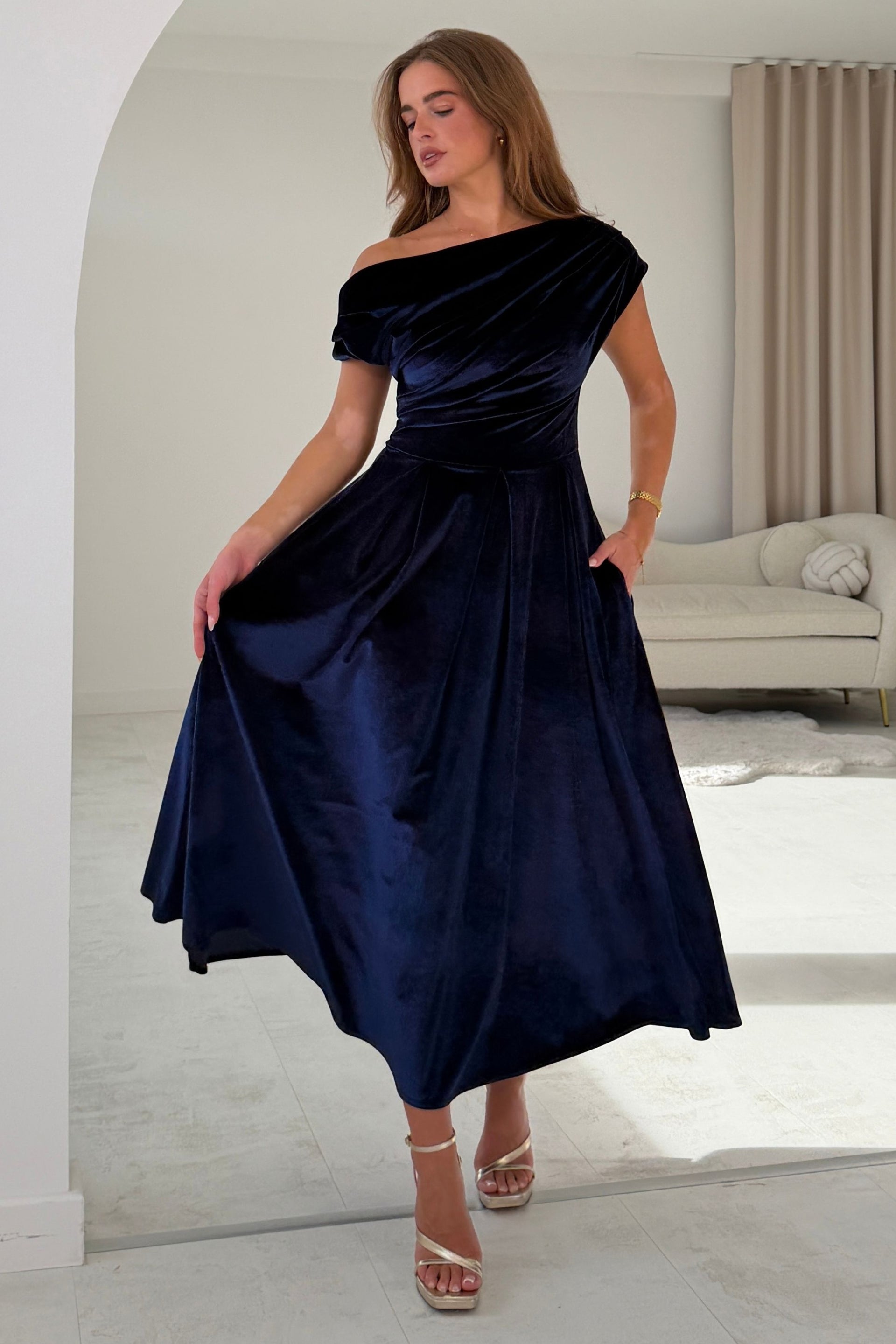 Betty Asymmetric Neckline Skater Midi Indigo Velvet