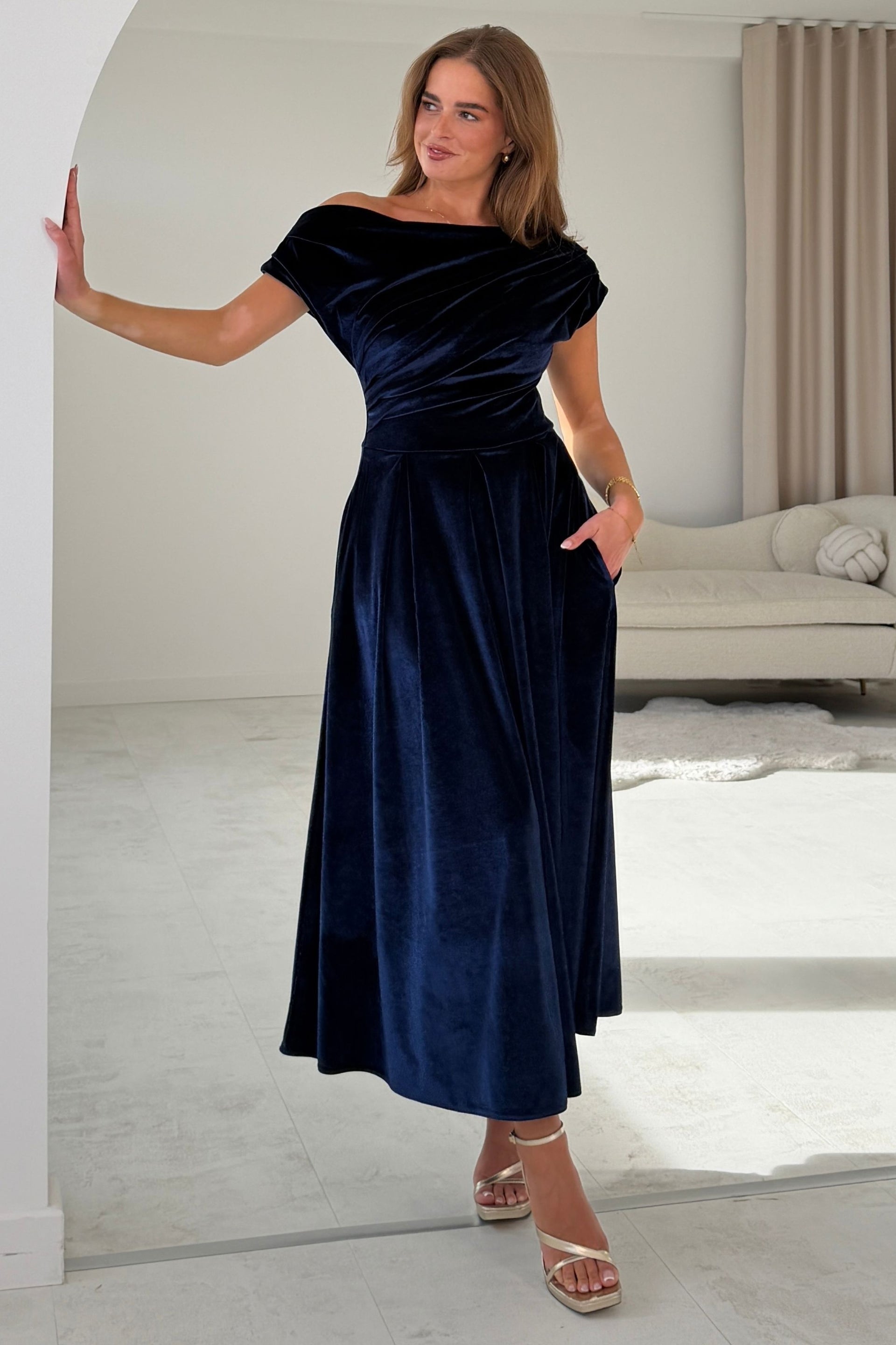 Betty Asymmetric Neckline Skater Midi Indigo Velvet
