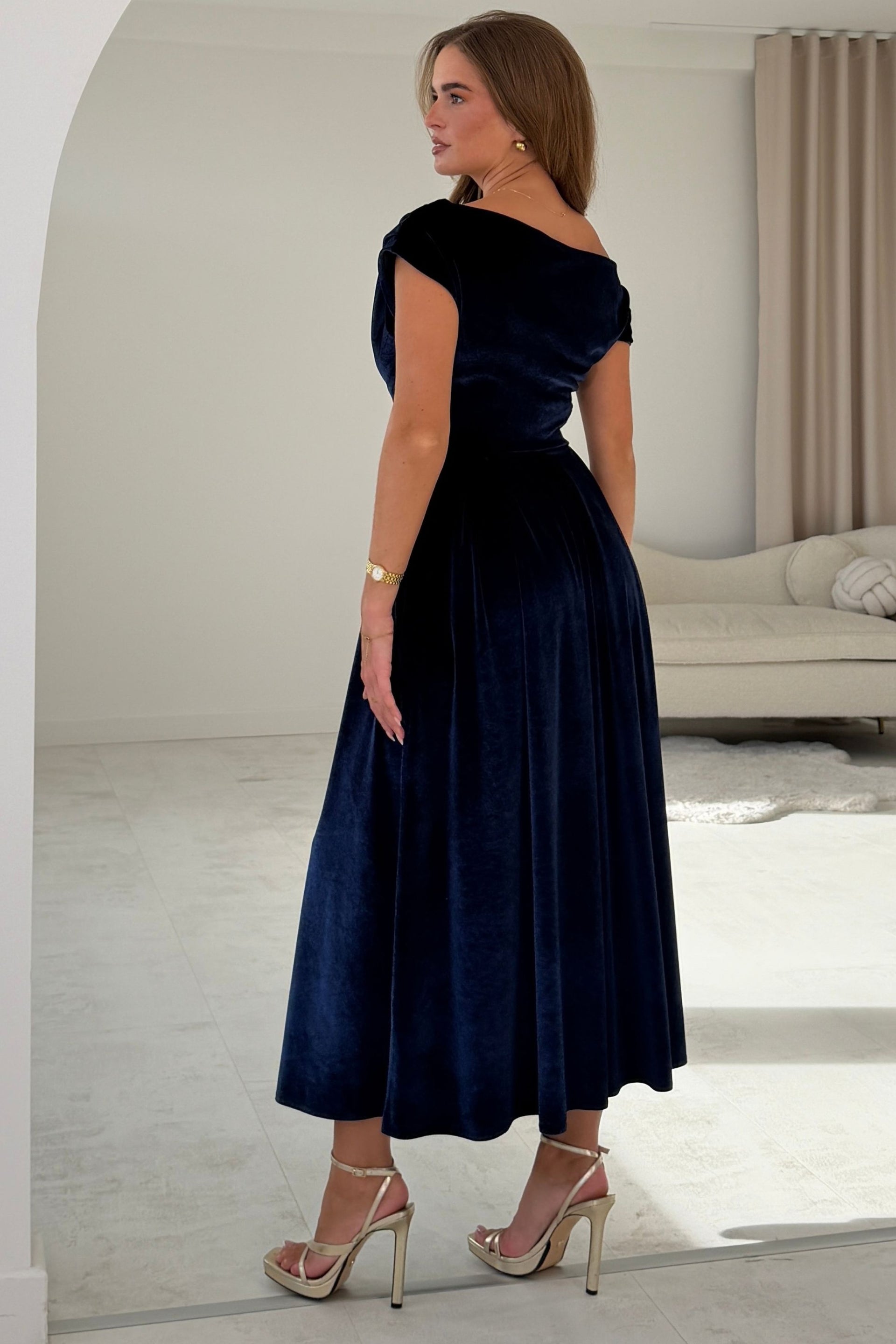 Betty Asymmetric Neckline Skater Midi Indigo Velvet
