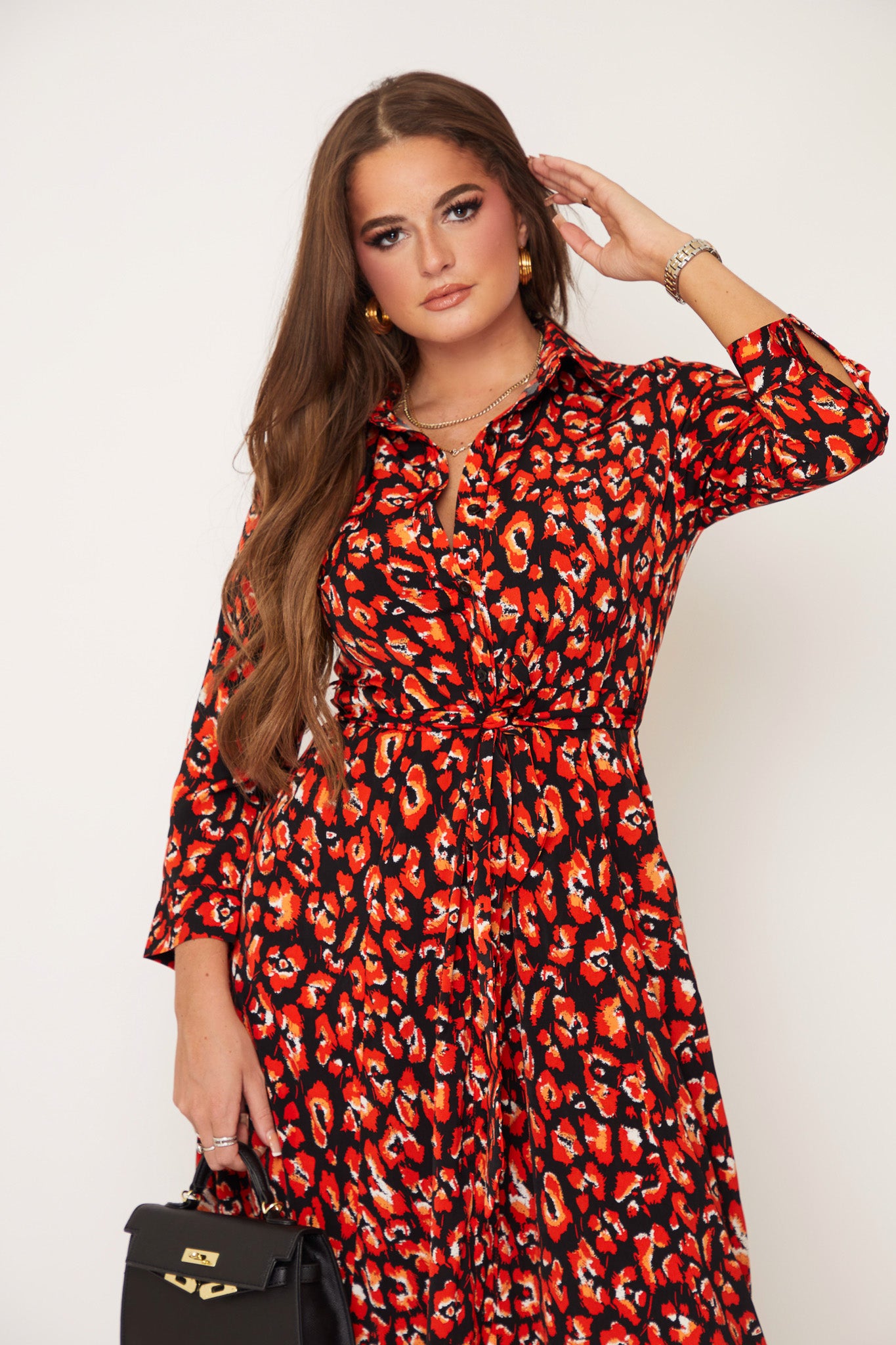 Angela Red Leopard Print Shirt Maxi Dress