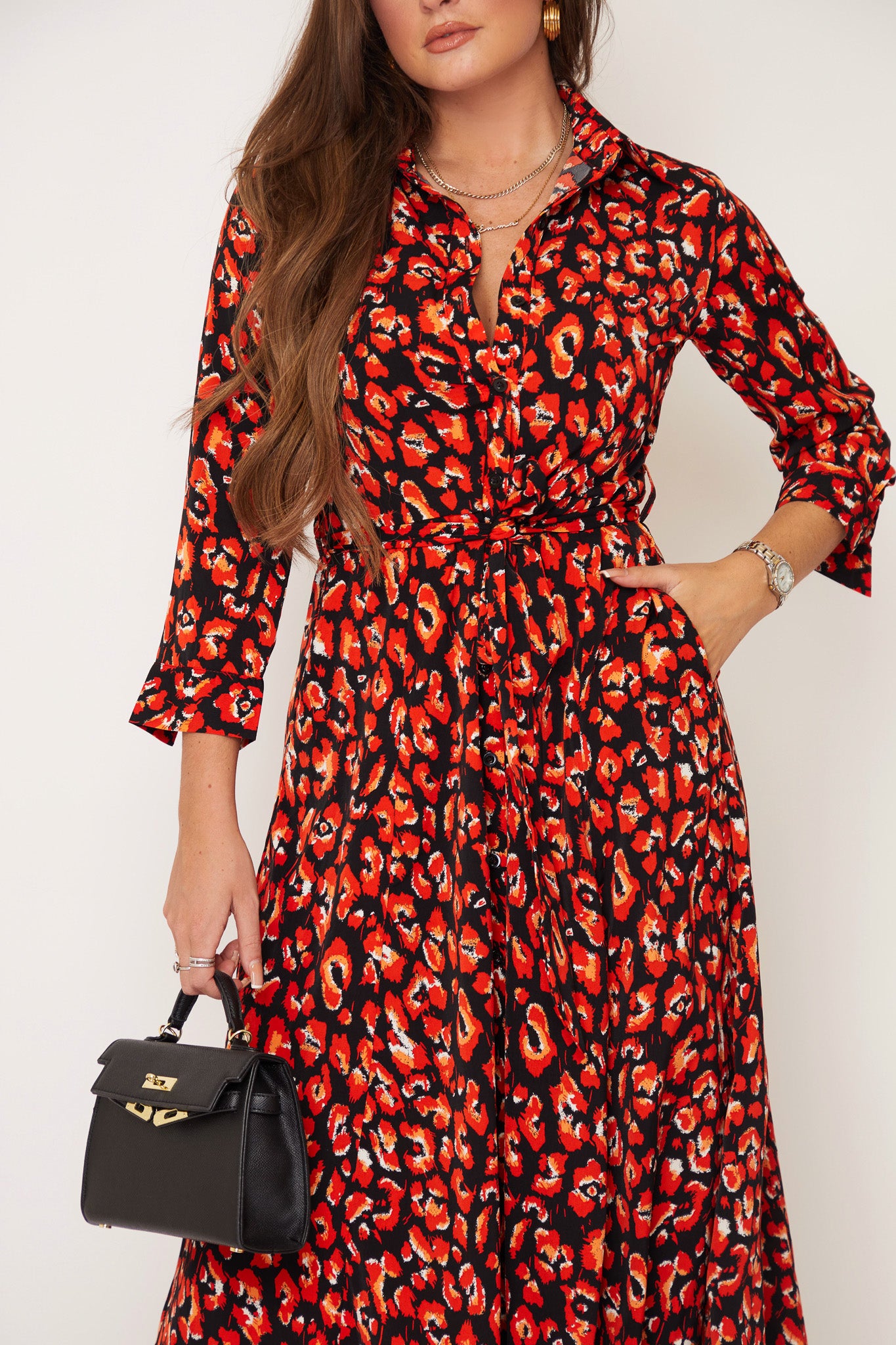 Angela Red Leopard Print Shirt Maxi Dress