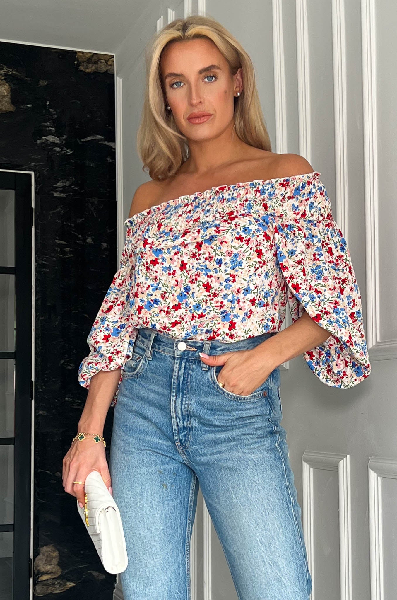 Candace Shirred Bardot Red Ditsy Floral Top