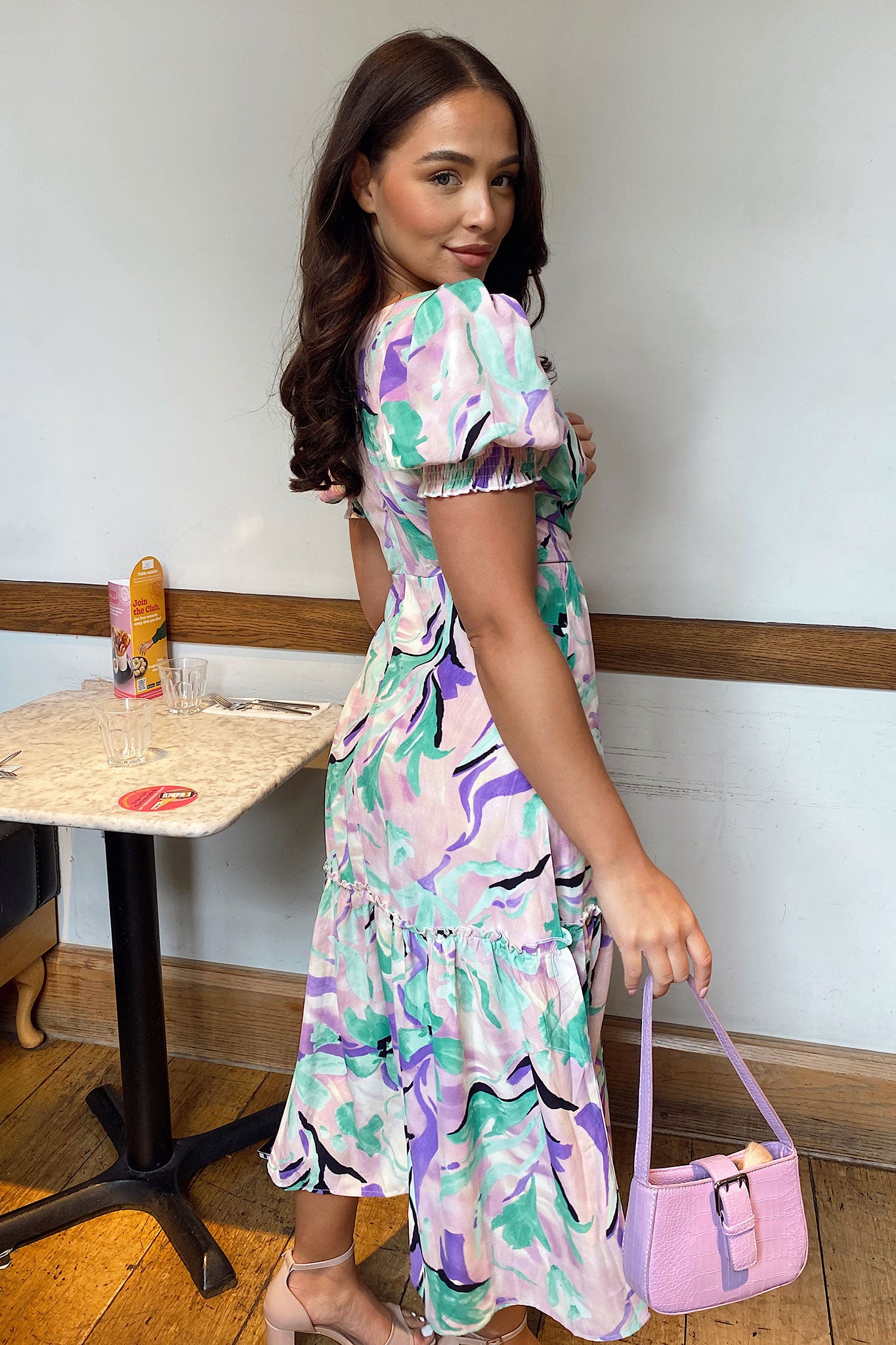Maya Lilac Swirl Wrap Tiered Midi Dress
