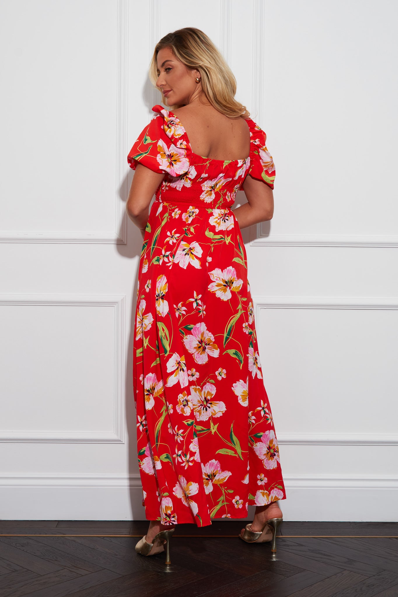 Rhea Shirred Detail Maxi Dress Red Floral
