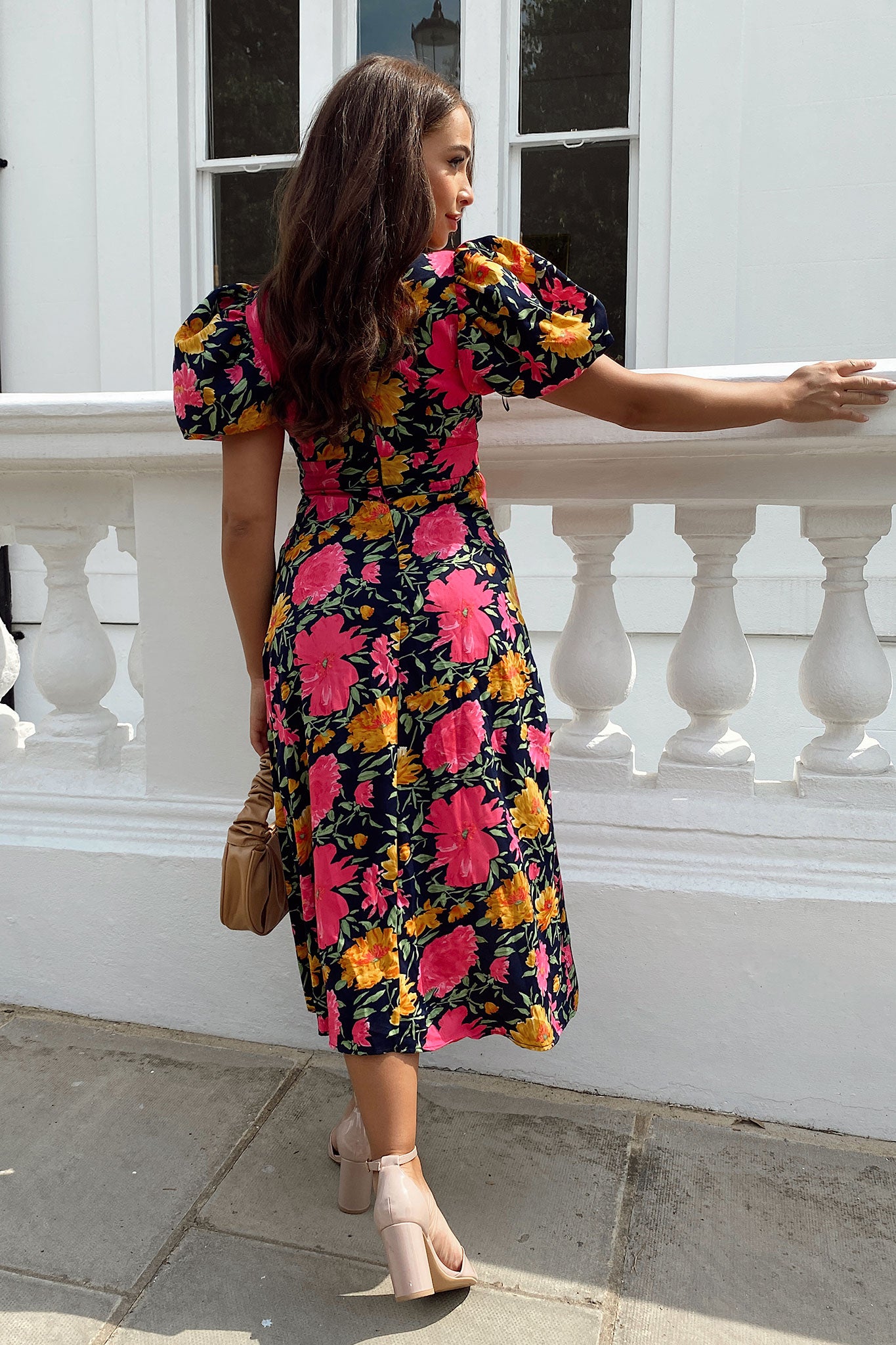 Lilith Pink & Yellow Floral Puff Sleeve High Neck Midi Dress