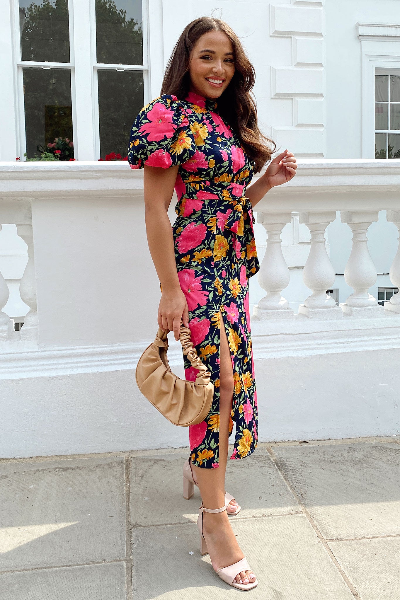 Lilith Pink & Yellow Floral Puff Sleeve High Neck Midi Dress