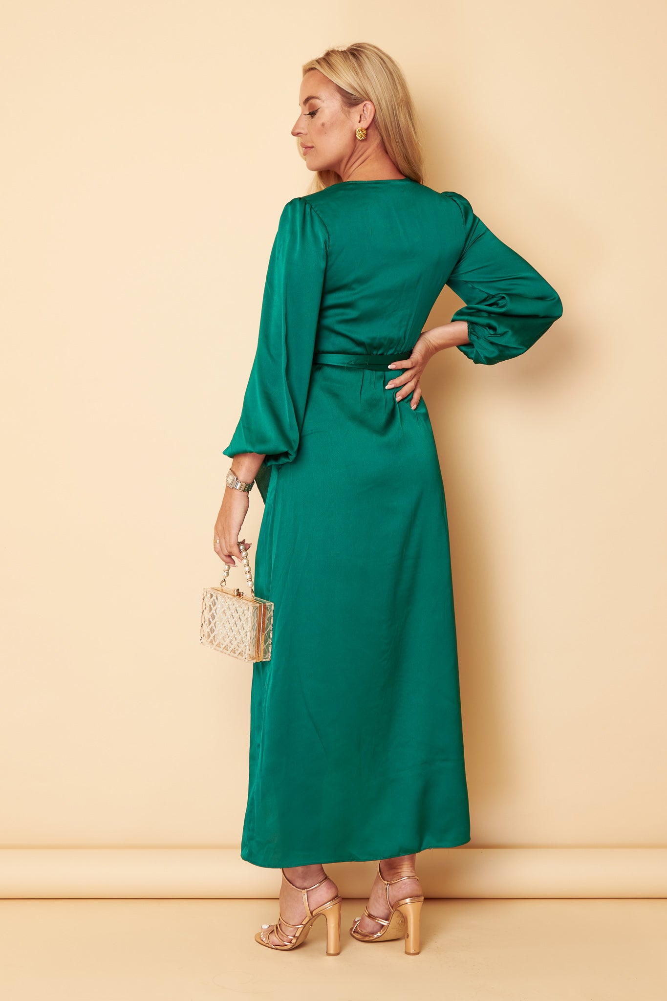 Erin Emerald Long Sleeve Split Hem Frill Detail Maxi Dress