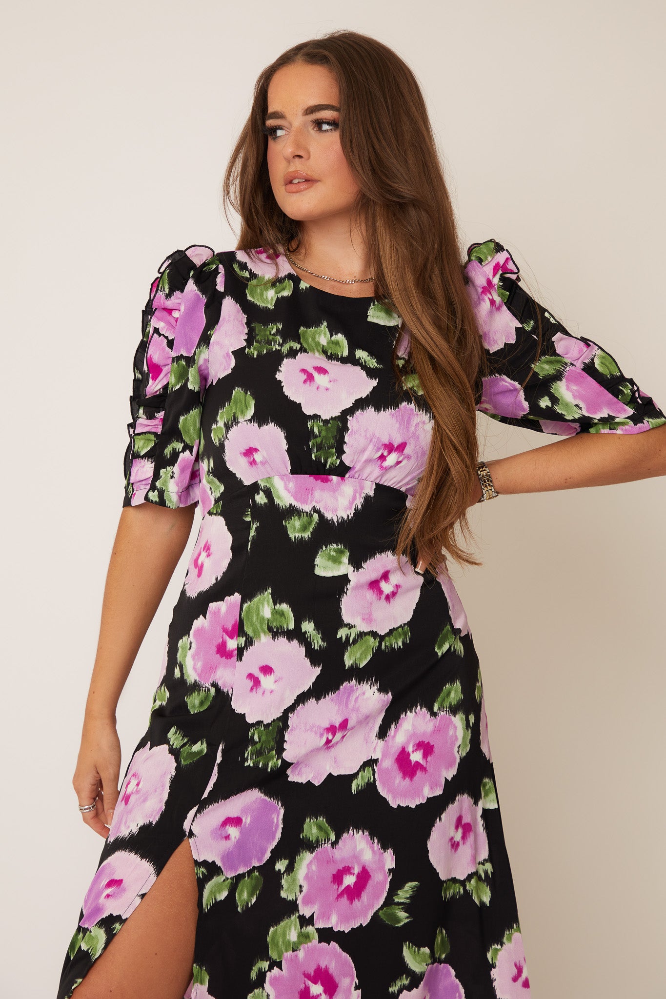 Samira Lilac Floral Frill Sleeve Midi Dress