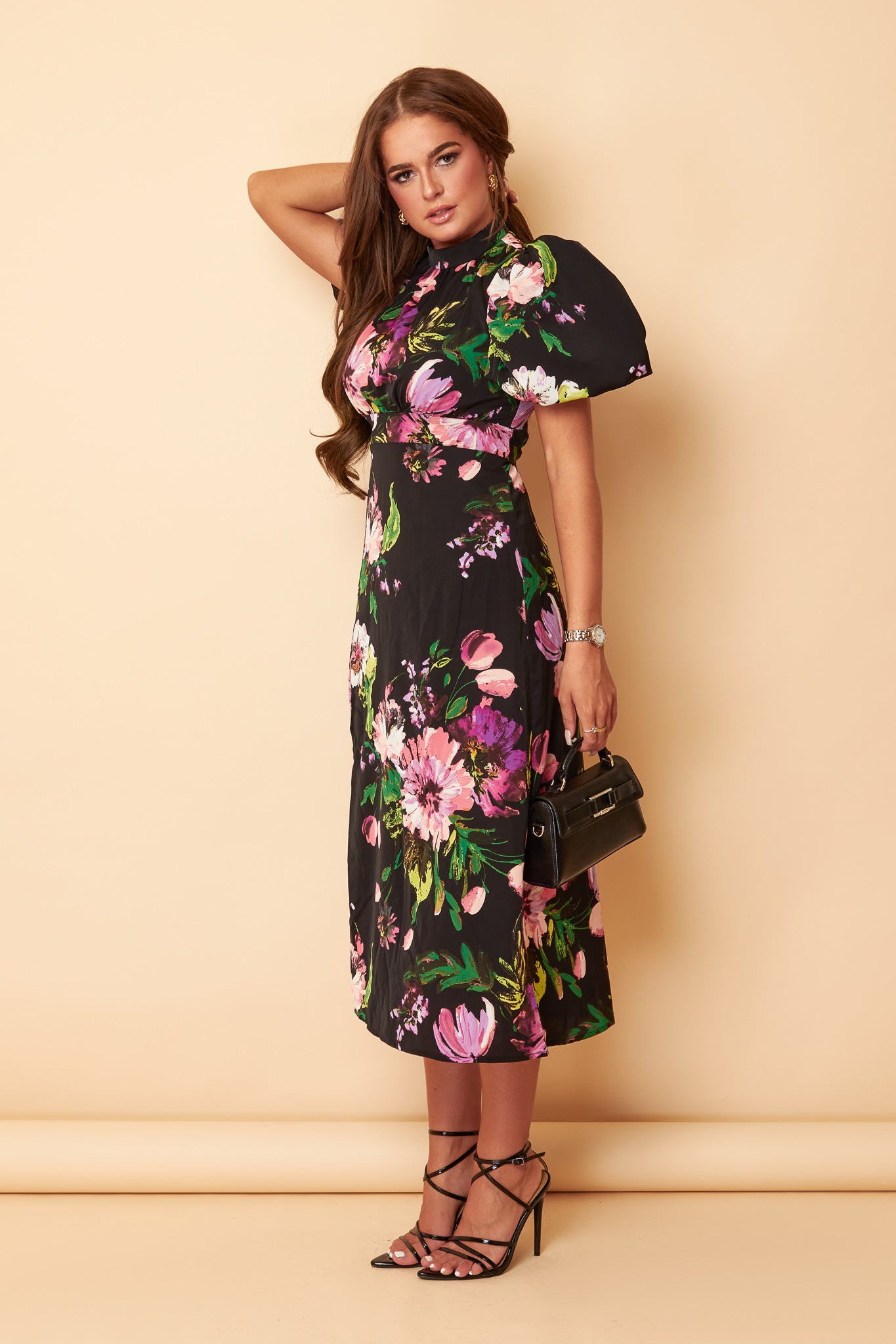 Lilith Black Floral Puff Sleeve High Neck Midi Dress – Girl In Mind