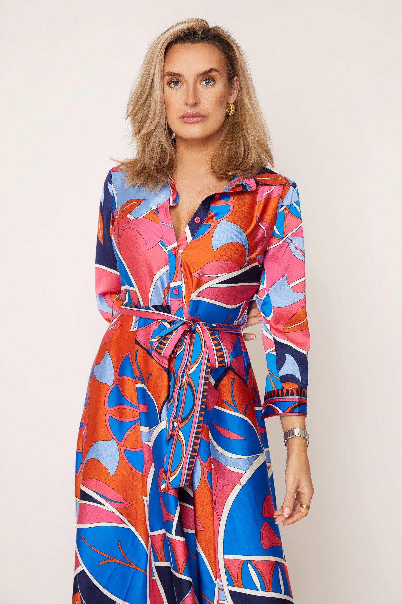 Angela Blue & Pink Abstract Shirt Maxi Dress