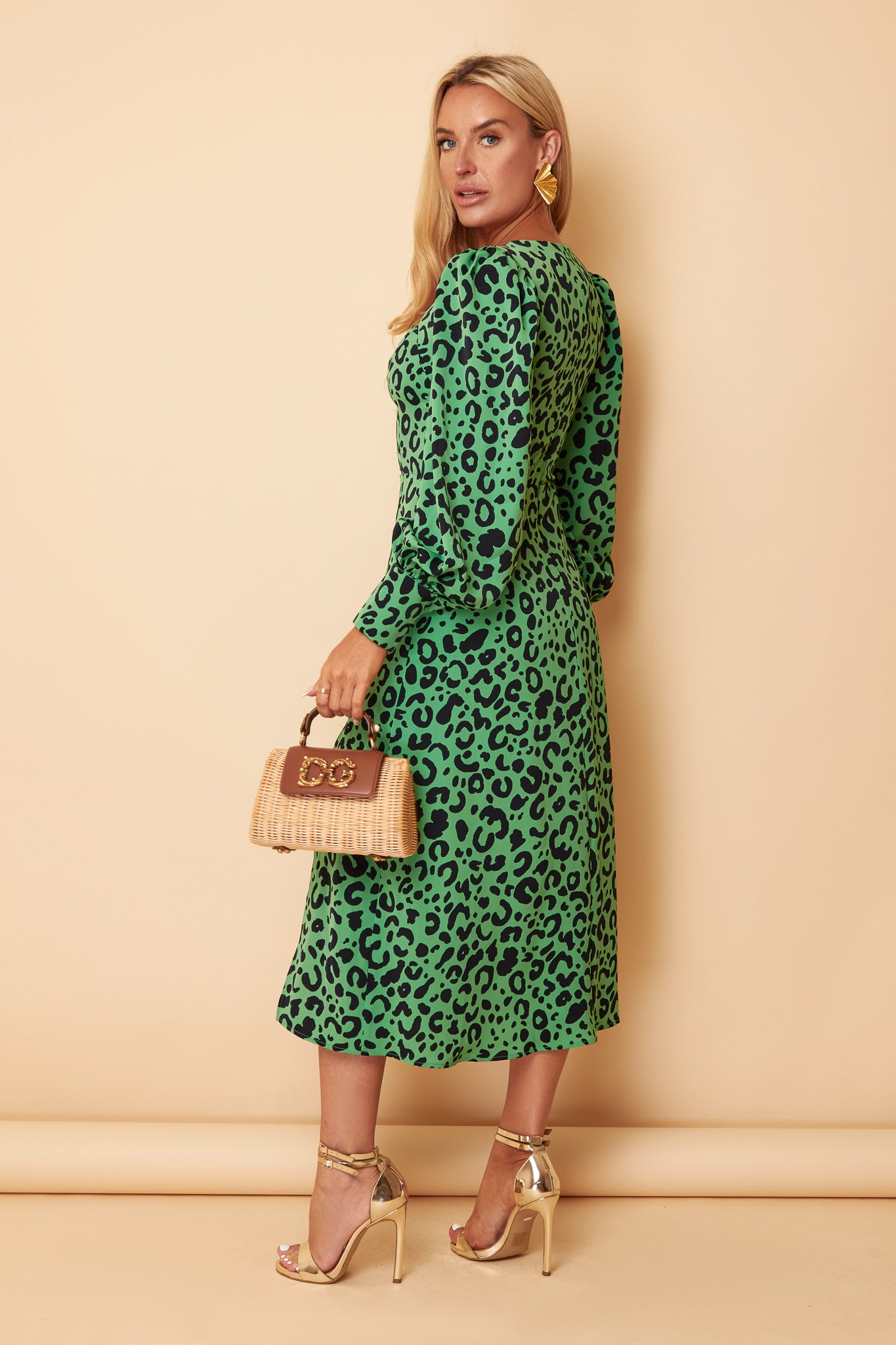Katie Green Leopard Sweetheart Long Sleeve Midi Dress