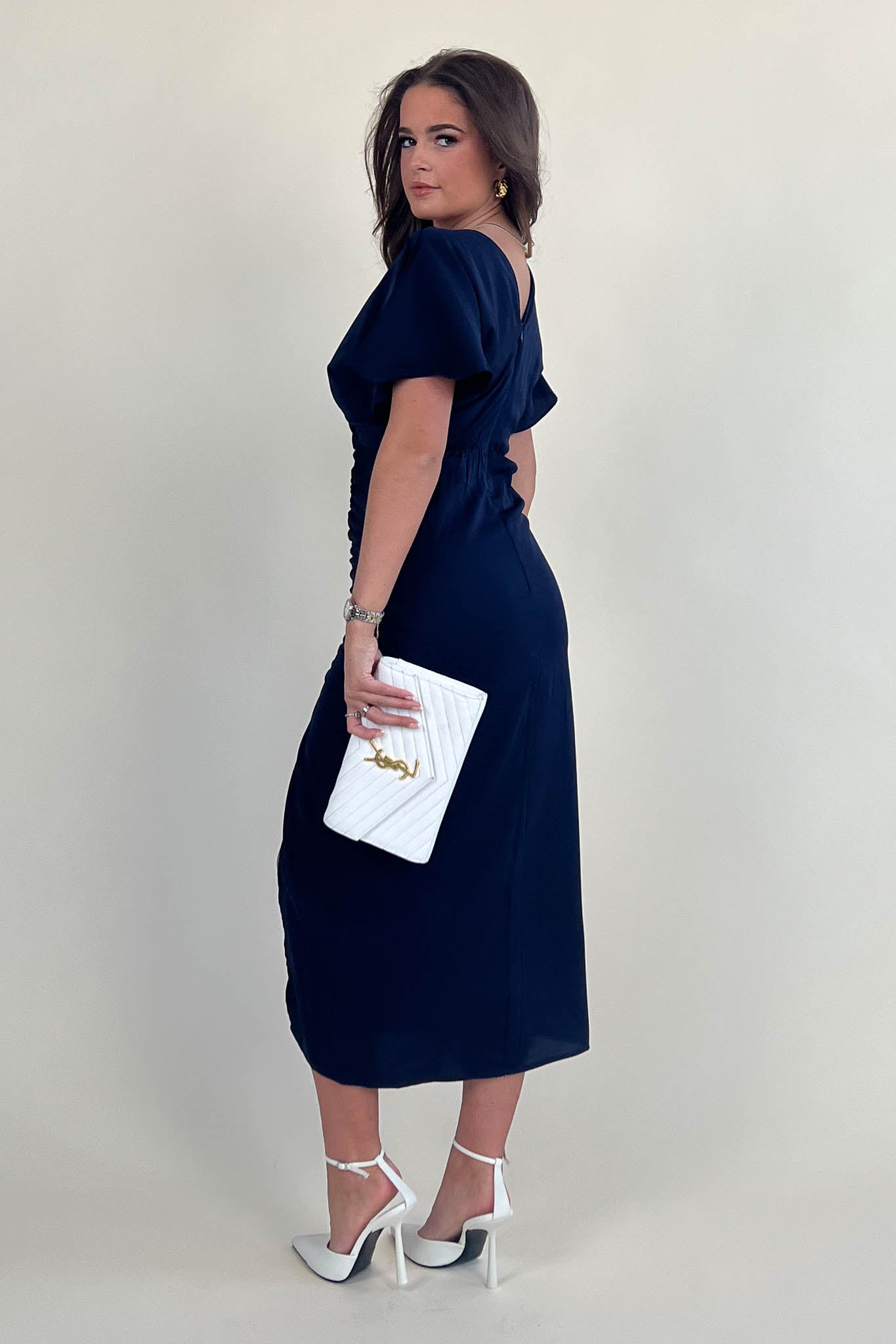 Priscilla Navy Wrap Over Ruched Detail Midi Dress
