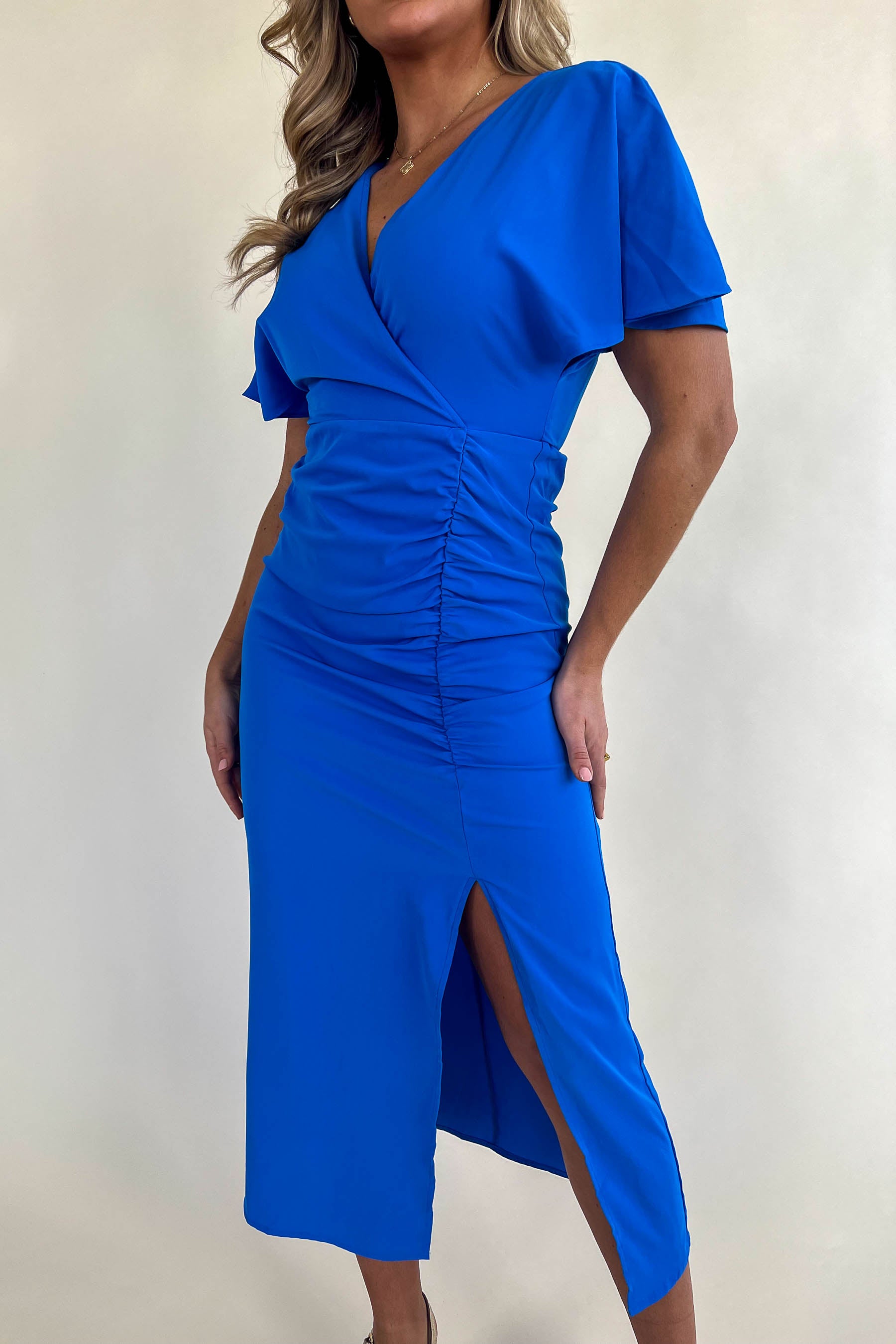 Priscilla Blue Wrap Over Ruched Detail Midi Dress