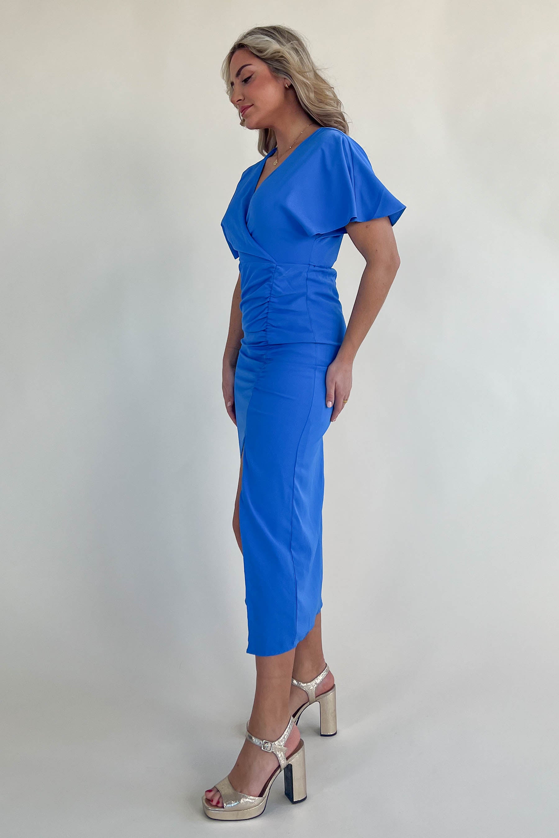 Priscilla Blue Wrap Over Ruched Detail Midi Dress