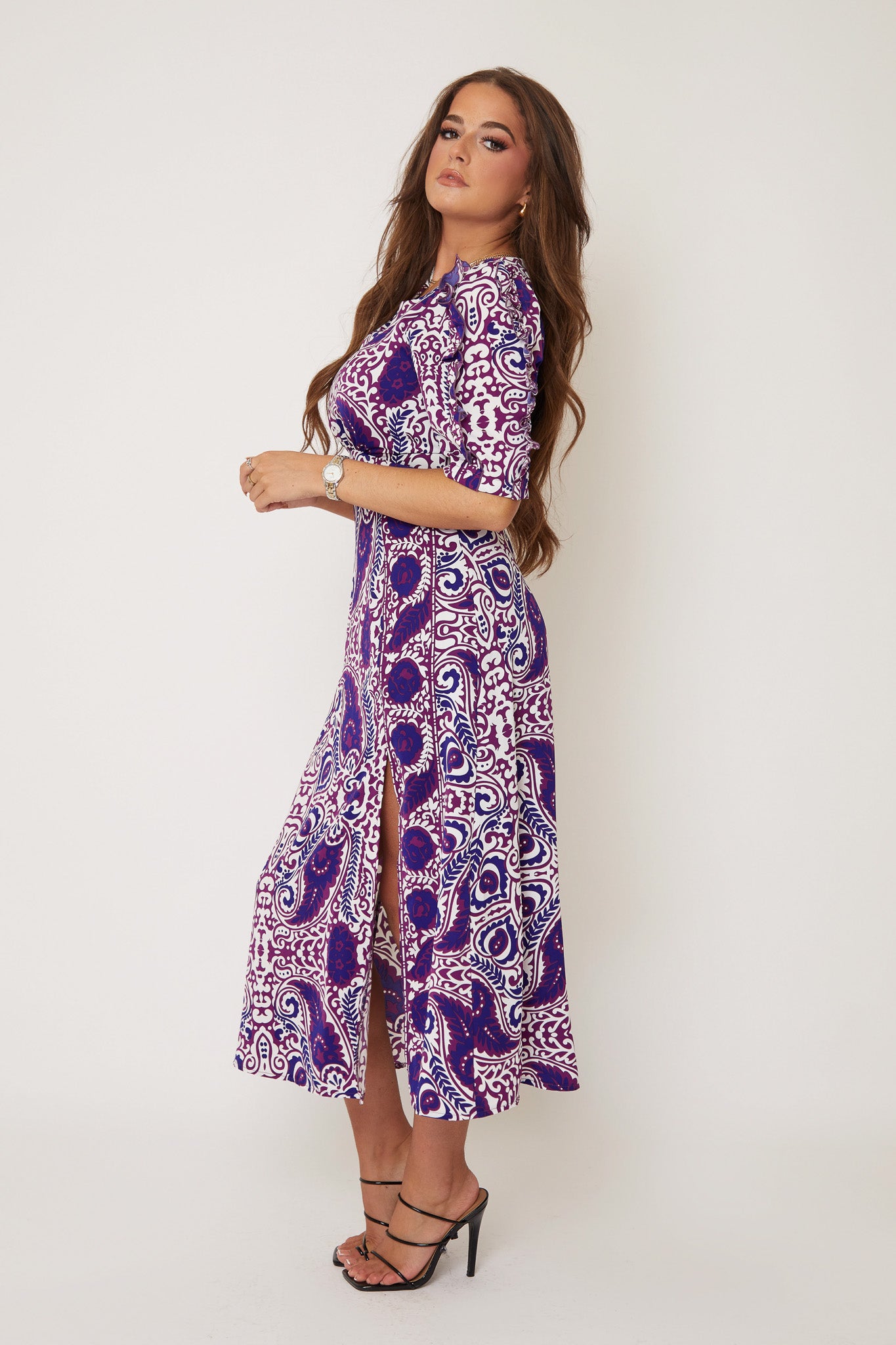 Samira Purple Paisley Frill Sleeve Midi Dress