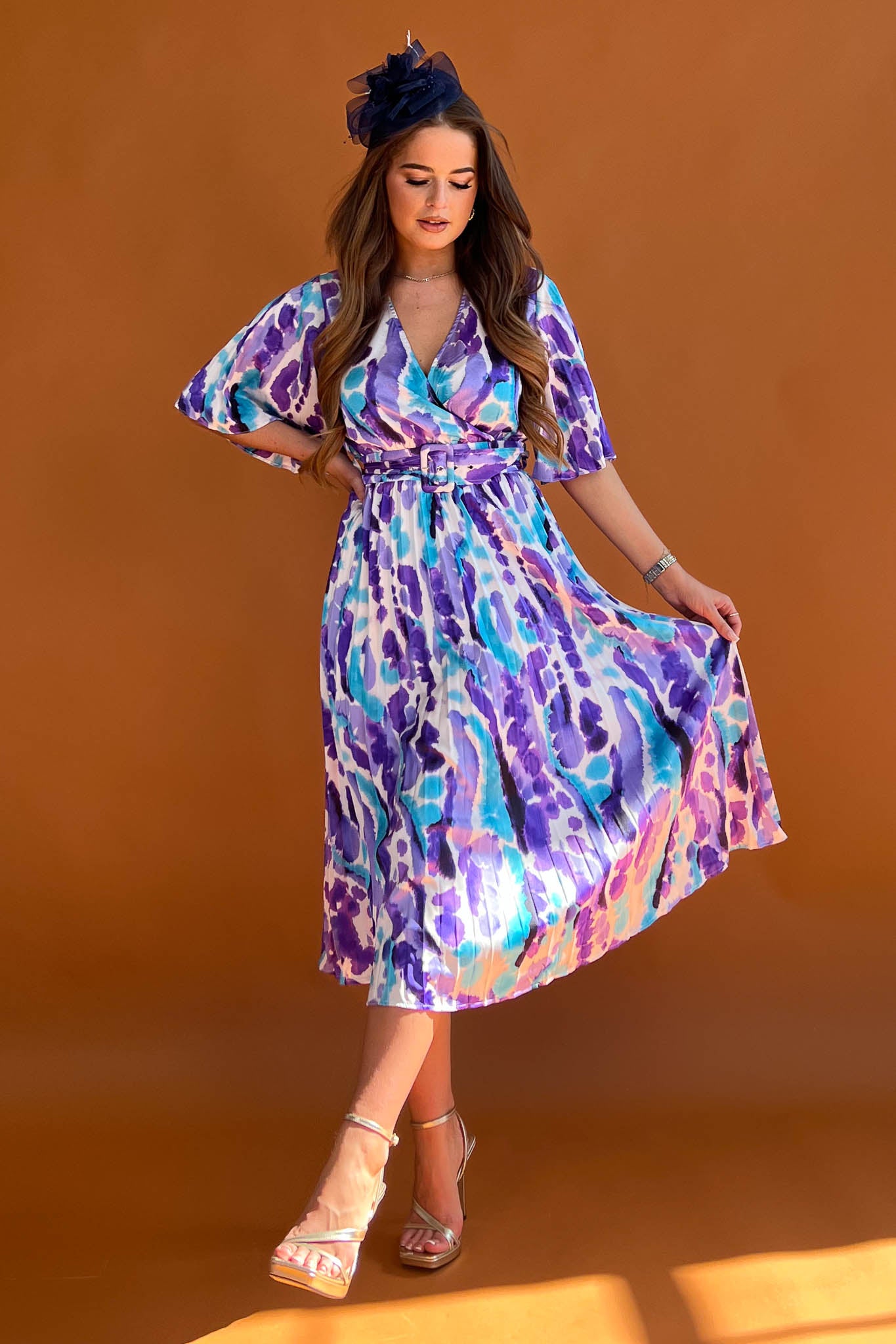 Felicia Purple & Blue Pleated Detail Midi Dress