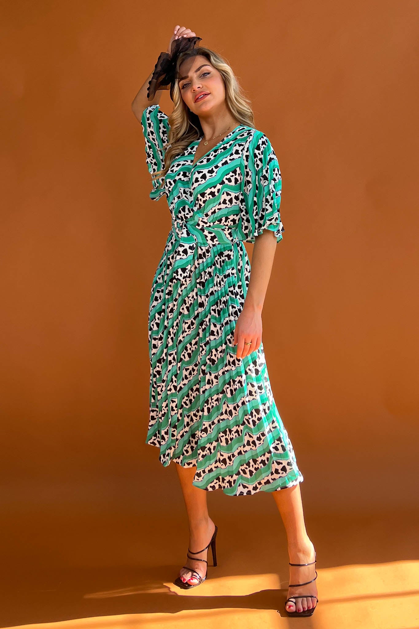 Felicia Cow Print With Green Highlights Pleated Midi Dress