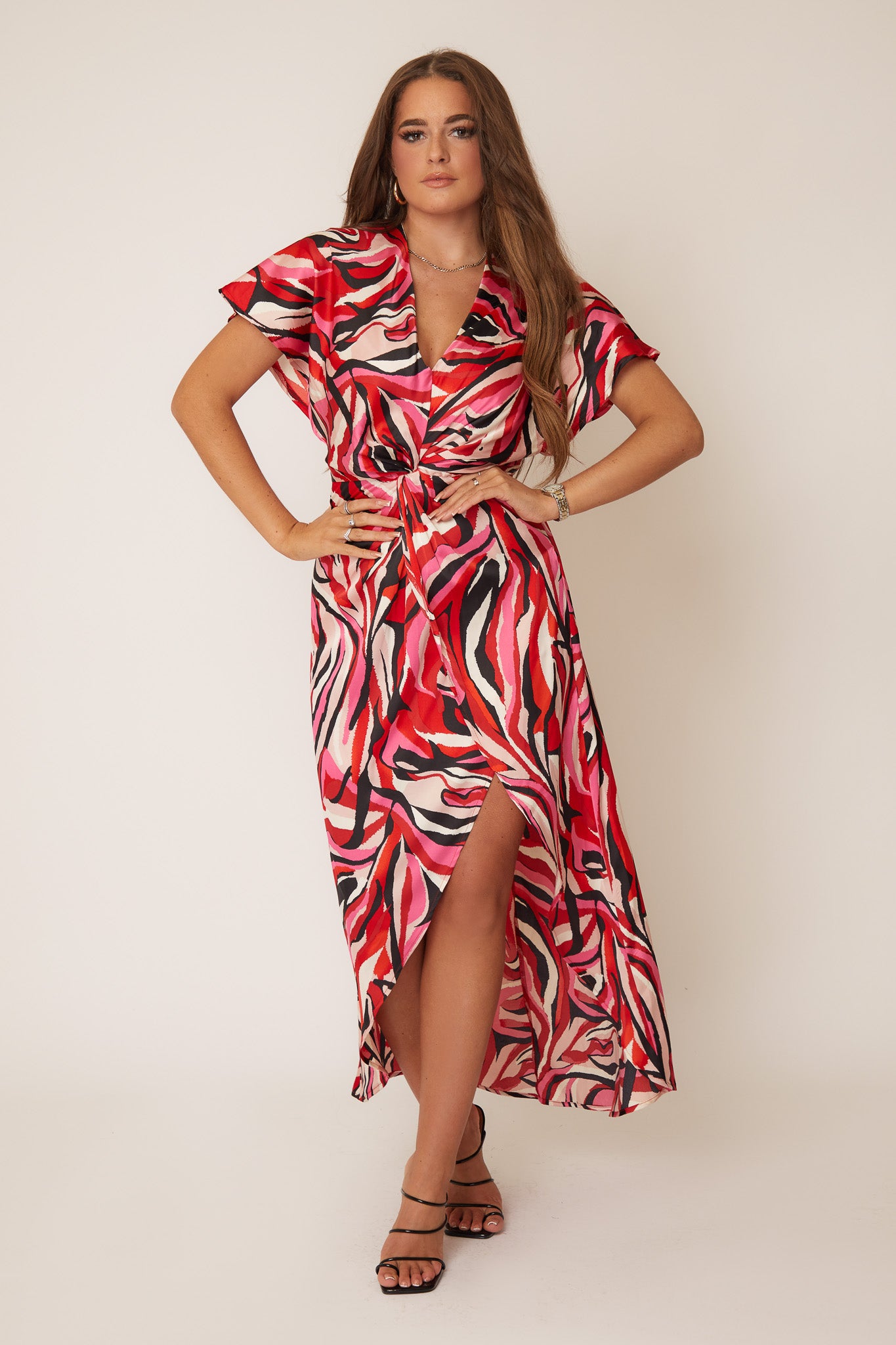 Blair Pink & Red Zebra Knot Detail Wrap Maxi Dress