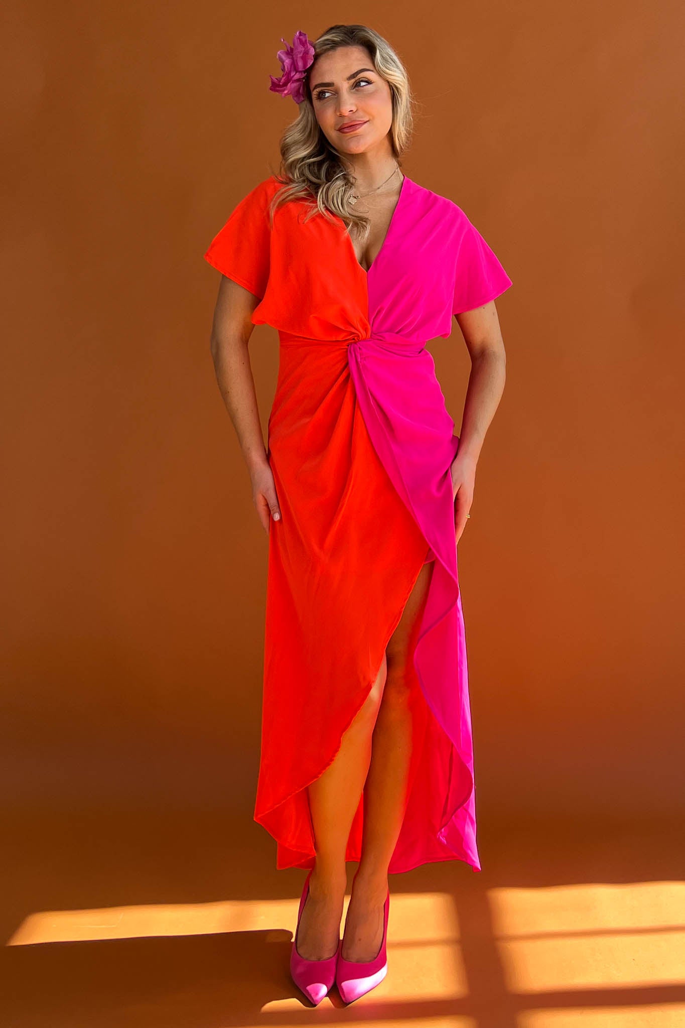 Blair Orange & Pink Knot Detail Wrap Maxi Dress