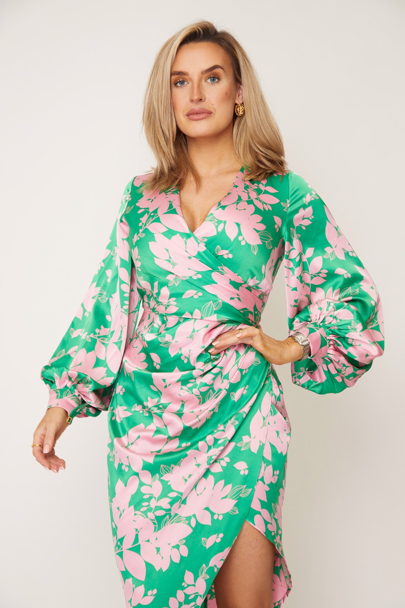 Elsa Pink & Green Floral Long Sleeve Wrap Asymmetric Dress