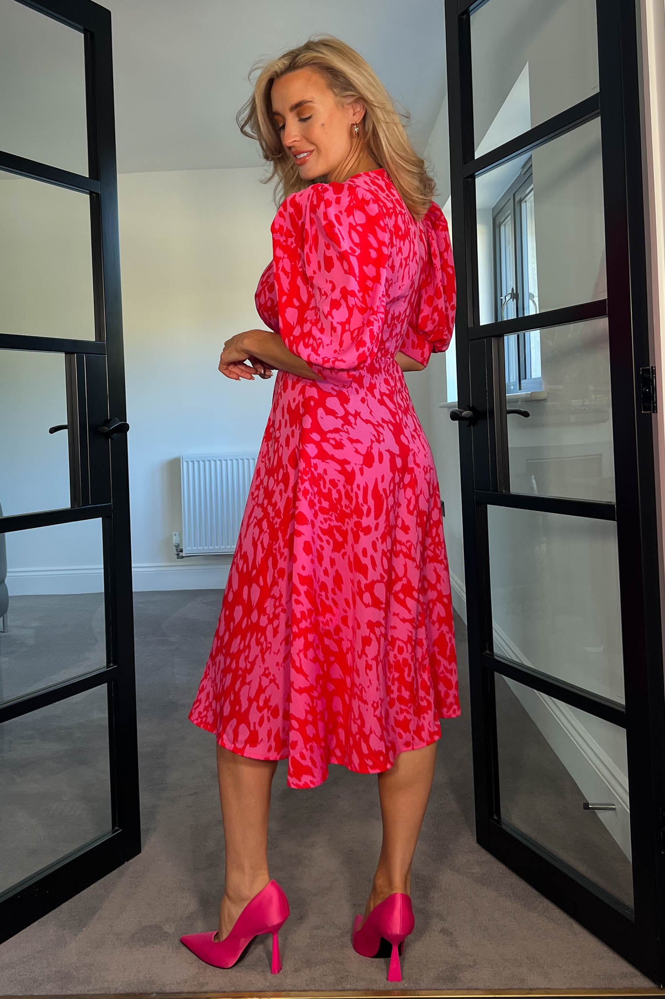 Nadine Pink & Red Buckle Detail Midi Dress