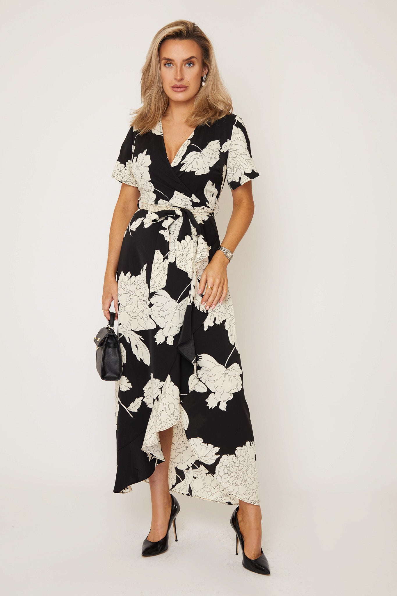 Farrah Black/White Floral Split Hem Frill Detail Maxi  Dress