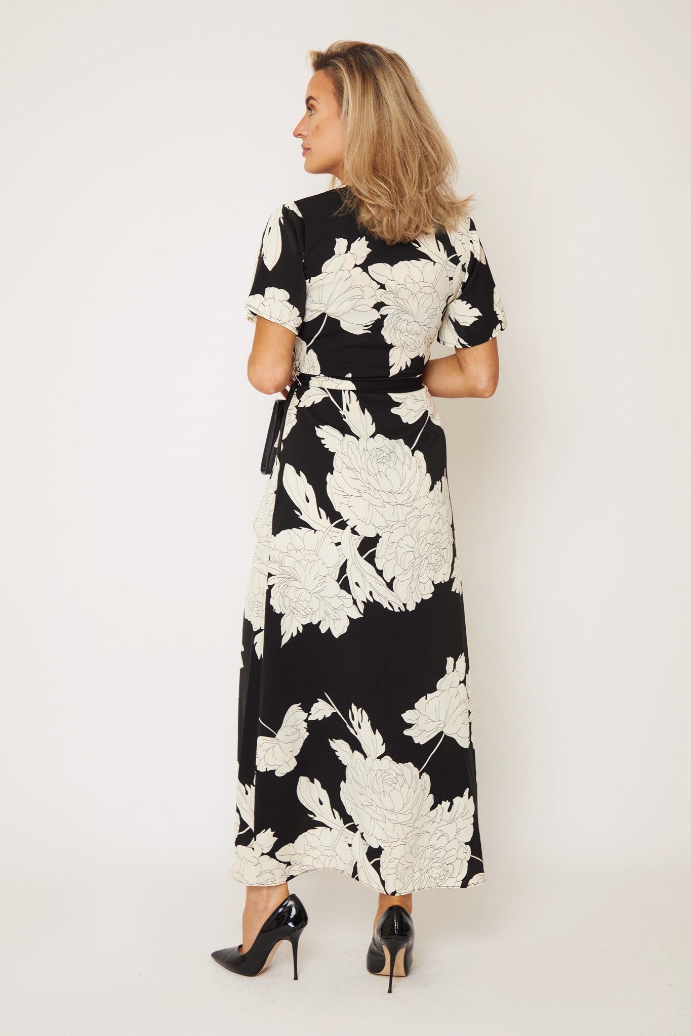 Farrah Black/White Floral Split Hem Frill Detail Maxi  Dress