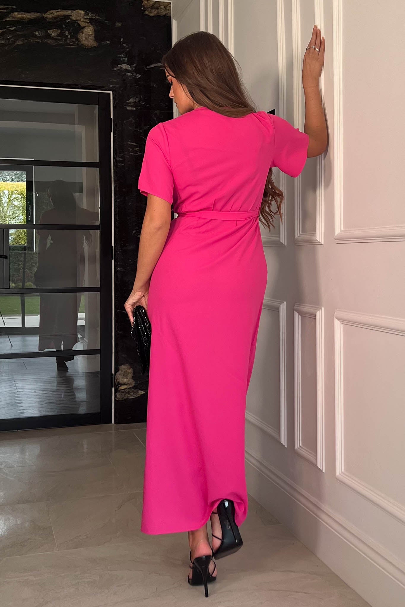 Farrah Pink Split Hem Frill Detail Maxi Dress