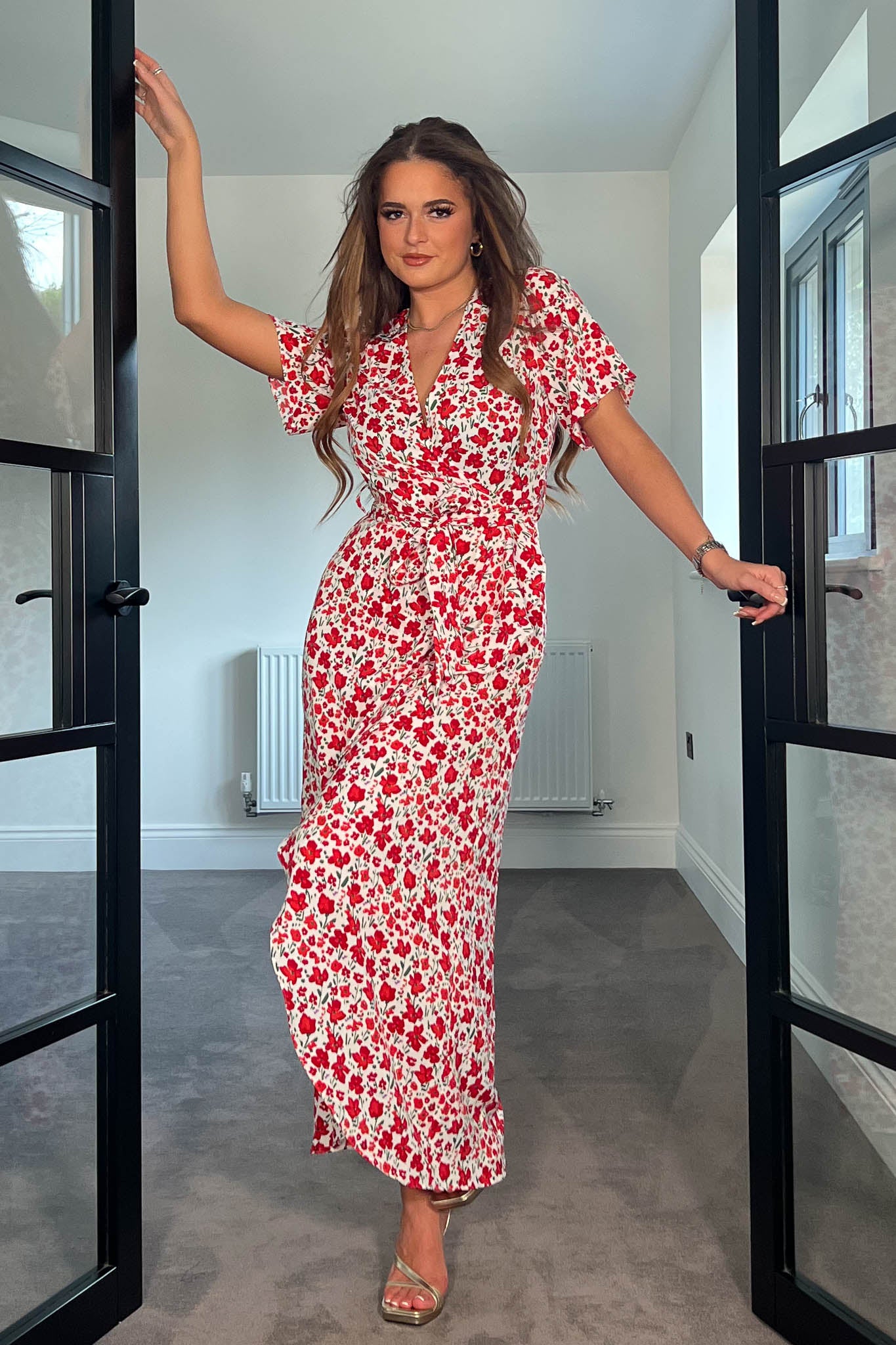 Farrah White & Red Floral Split Hem Frill Detail Maxi Dress