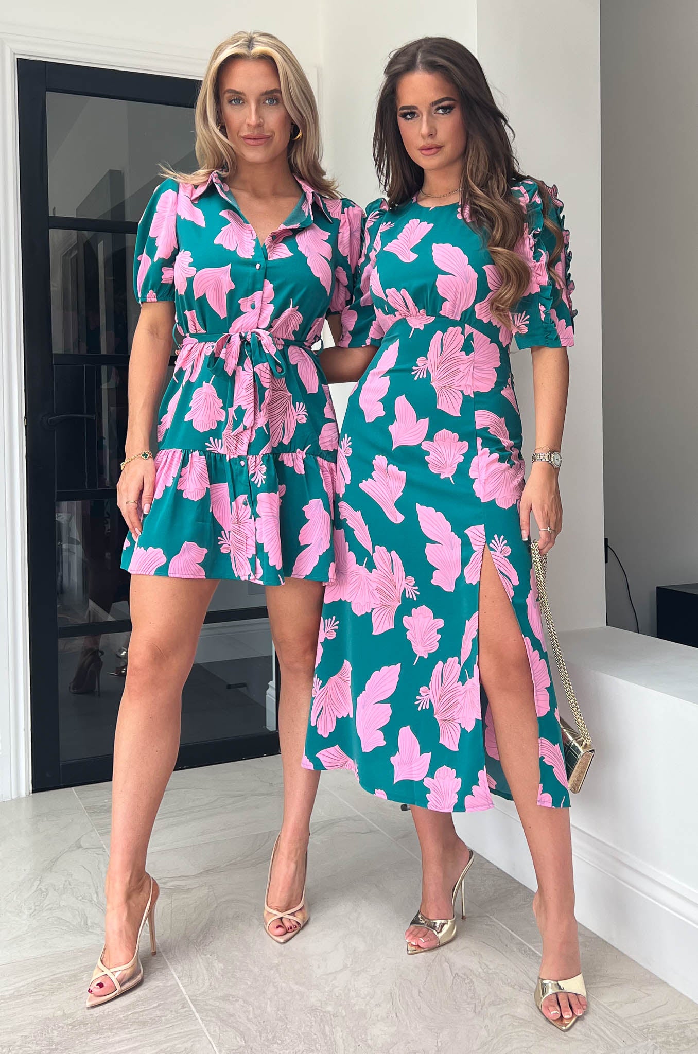 Naomi Green & Pink Floral Mini Shirt Dress