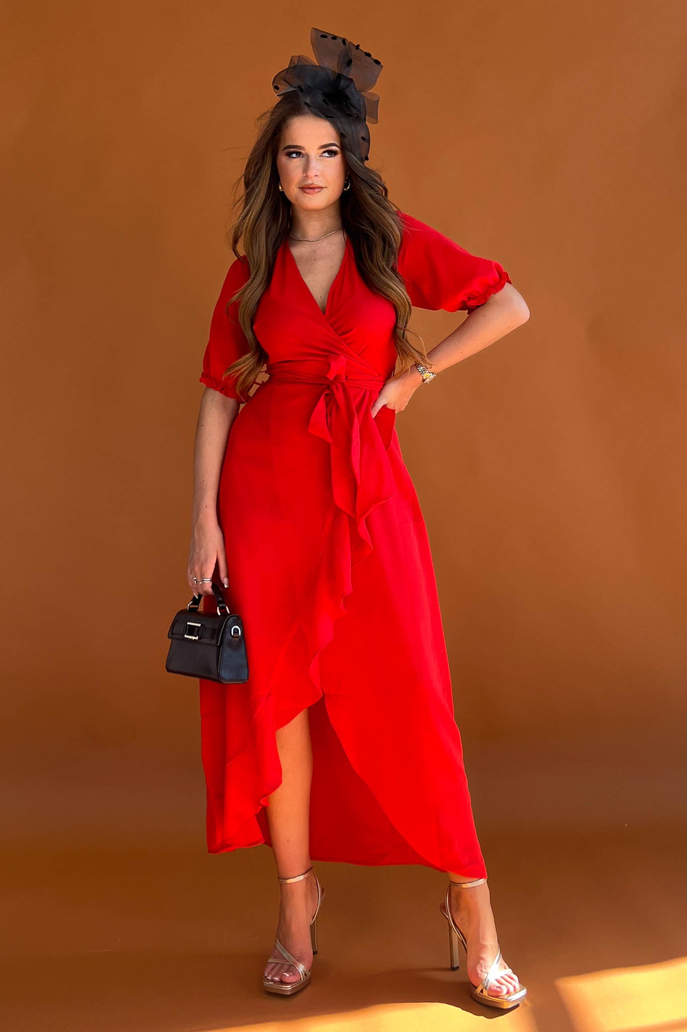 Leona Red Split Hem Frill Detail Maxi Dress